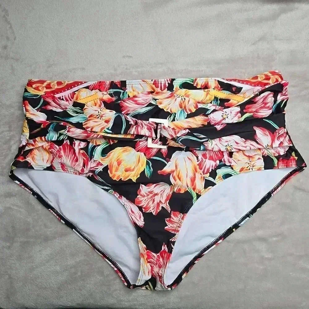 Black Floral High Waist Belt Buckle Swimsuit Beach Vacation‎ Bikini Bottom 2XL